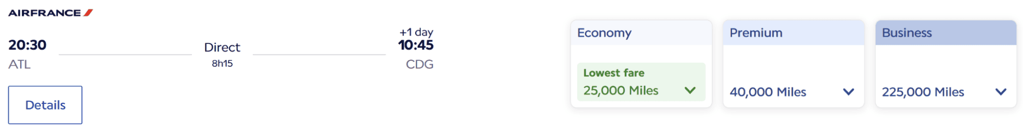 Screenshot of an Air France flight from ATL to CDG, showing award tickets to Paris with economy at 25,000 miles, premium at 40,000, and business at 225,000 miles.