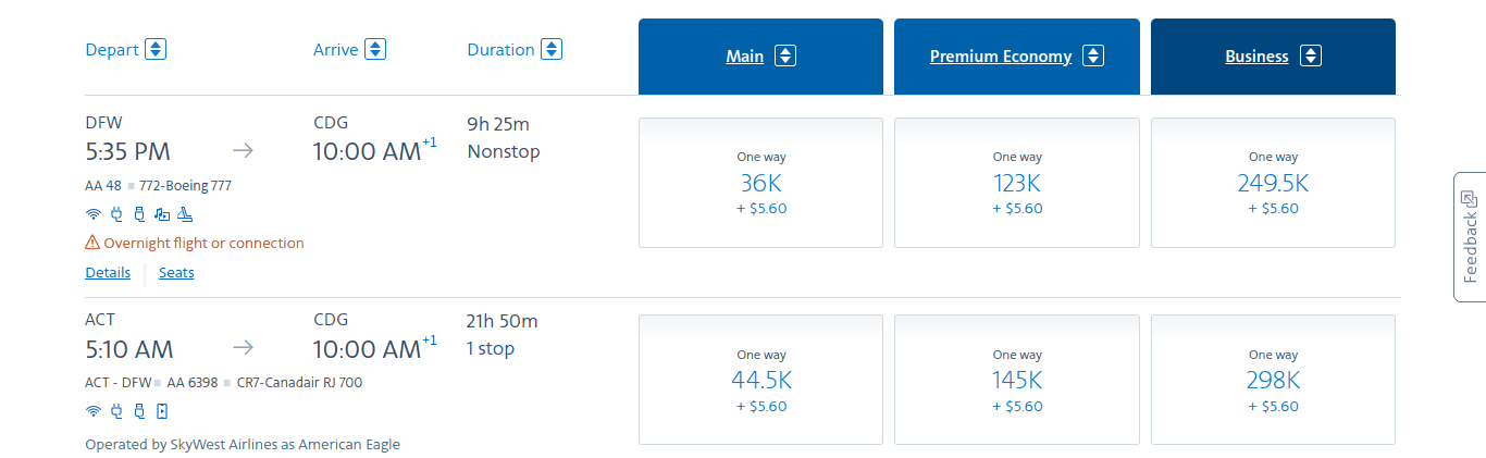 Screenshot of a flight search result showing Ways to Book Award Tickets to Paris, with flights from DFW to CDG and ACT to DFW.