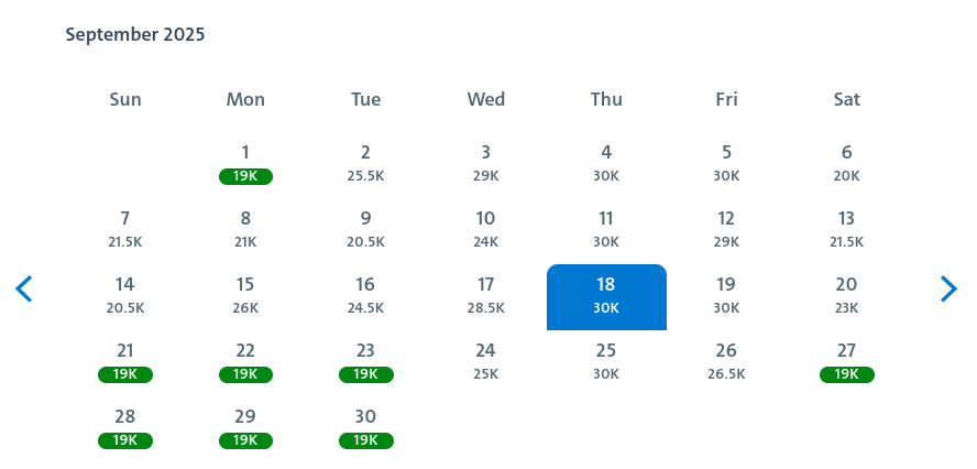 A flight booking calendar for September 2025 shows available award prices from Dallas/Fort Worth. Most dates cost 15k–25k points; September 18 is highlighted in blue at 30k.