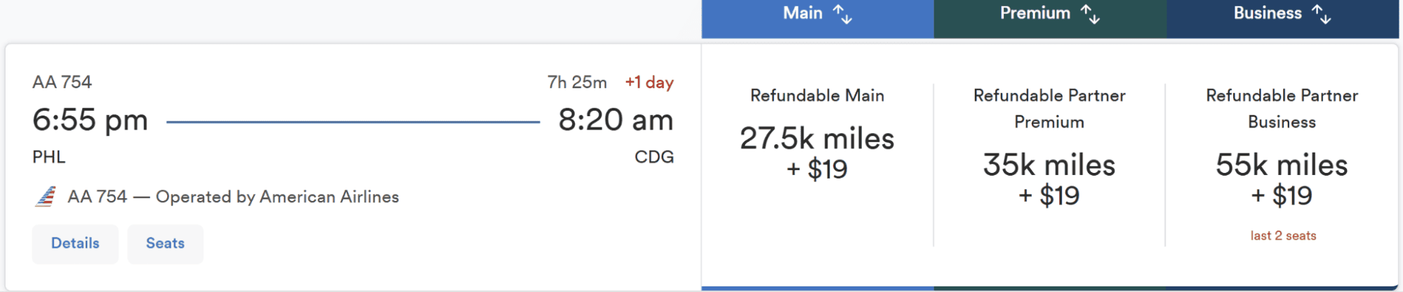 Fly from Philadelphia to CDG. Choose Main (27.5k miles + $19), Premium (35k miles + $19), or Business (55k miles + $19, last 2 seats).