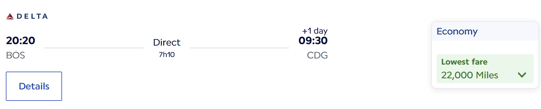 Delta direct flight from Boston (BOS) to Paris (CDG). Economy lowest fare is 22,000 miles—one of the best Ways to Book Award Tickets to Paris.
