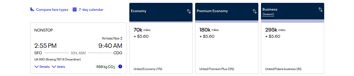Explore ways to book award tickets to Paris with a nonstop United flight from SFO to CDG. Economy starts at 70k miles + $5.60; Premium Economy and Business also available using miles.