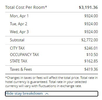 Park Hyatt New York Redemption Example Total Dollar Amount