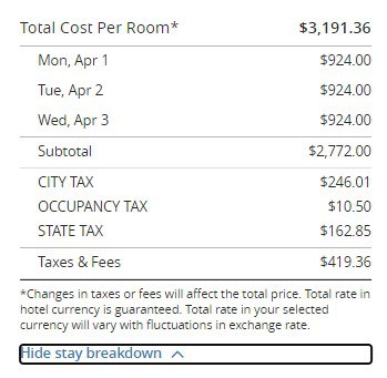 Park Hyatt New York Redemption Example Total Dollar Amount