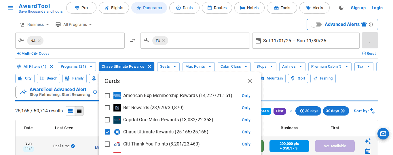 AwardTool showing flight award search filters, highlighting Chase Ultimate Rewards program selection.