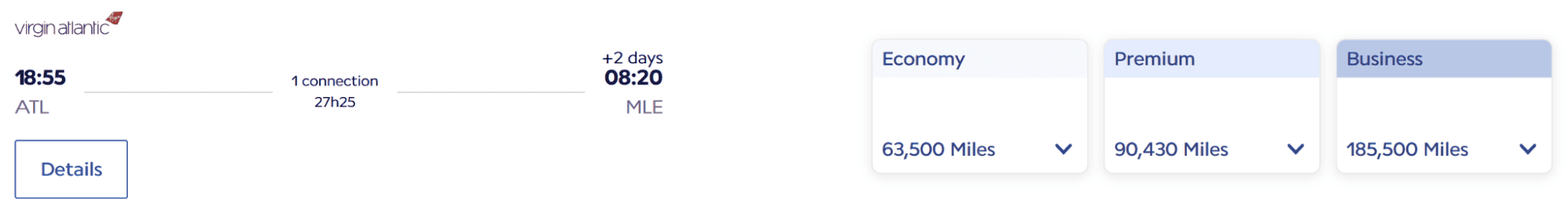 Flight search result showing Atlanta to Malé route with Virgin Atlantic award pricing for economy, premium, and business class options