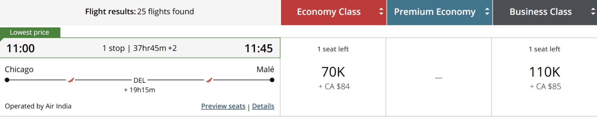 Flight search result showing Chicago to Malé route via Delhi with lowest price economy and business class award availability on Air India
