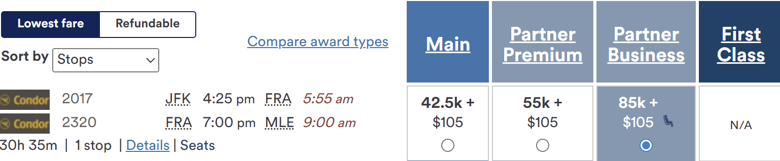 Flight search result showing New York JFK to Malé route via Frankfurt with Condor award pricing for main, premium, and business class options