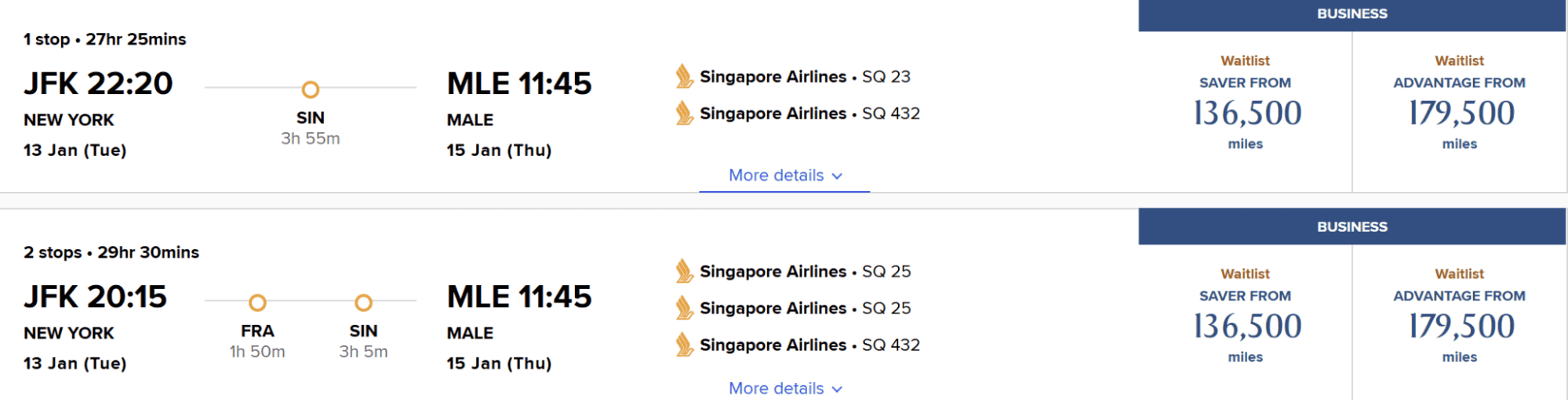 Flight results showing New York JFK to Malé routes via Singapore and Frankfurt on Singapore Airlines with business class saver award waitlist starting at 136,500 miles