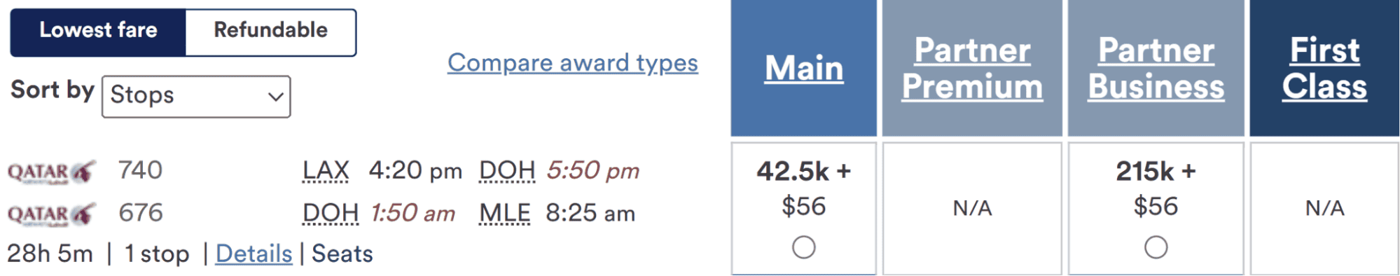 Flight search result showing Los Angeles to Malé route via Doha with Qatar Airways award pricing for main and business class including 215,000 points option