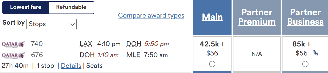 Flight search result showing Los Angeles to Malé route via Doha with Qatar Airways award pricing for main and business class options