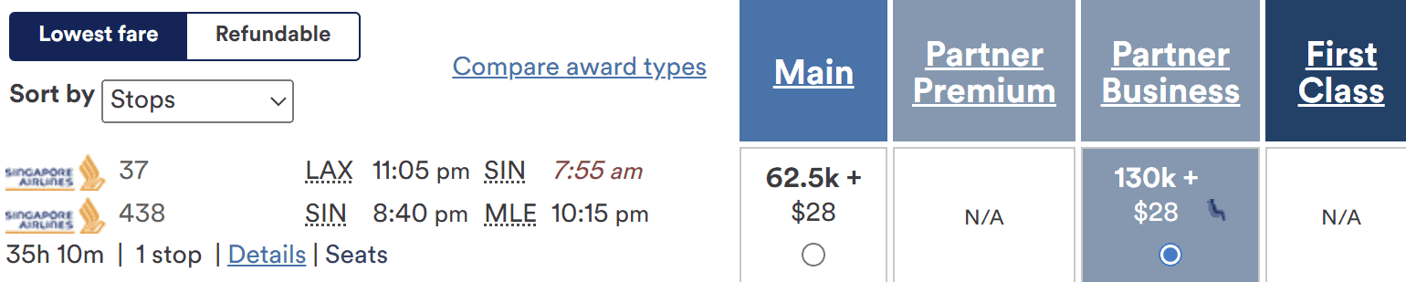 Flight search result showing Los Angeles to Malé route via Singapore with Singapore Airlines award pricing for main and business class options