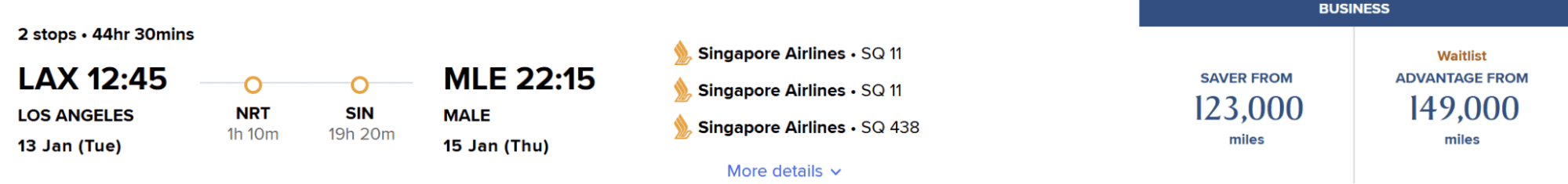 Flight result showing Los Angeles to Malé route via Tokyo and Singapore on Singapore Airlines with business class saver award pricing starting at 123,000 miles
