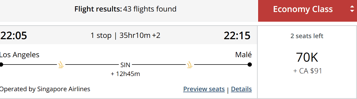 Flight search result showing Los Angeles to Malé route via Singapore with economy class award pricing on Singapore Airlines