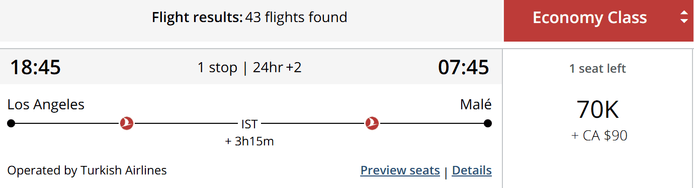 Flight search result showing Los Angeles to Malé route via Istanbul with economy class award pricing on Turkish Airlines