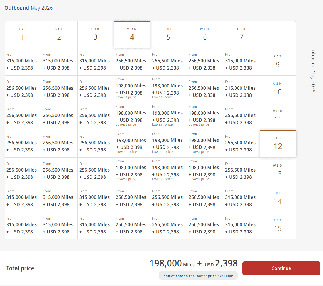 Award flight calendar for Maldives showing lowest available price of 198,000 miles plus 2,398 USD in May 2026 with flexible date options