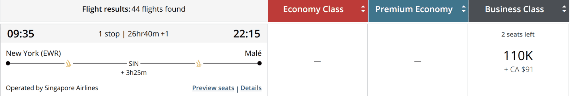 Flight search result showing New York to Malé route via Singapore with business class award pricing on Singapore Airlines