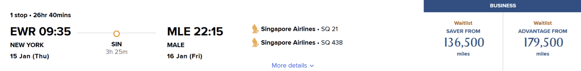 Flight result showing Newark to Malé route via Singapore on Singapore Airlines with business class saver award waitlist starting at 136,500 miles