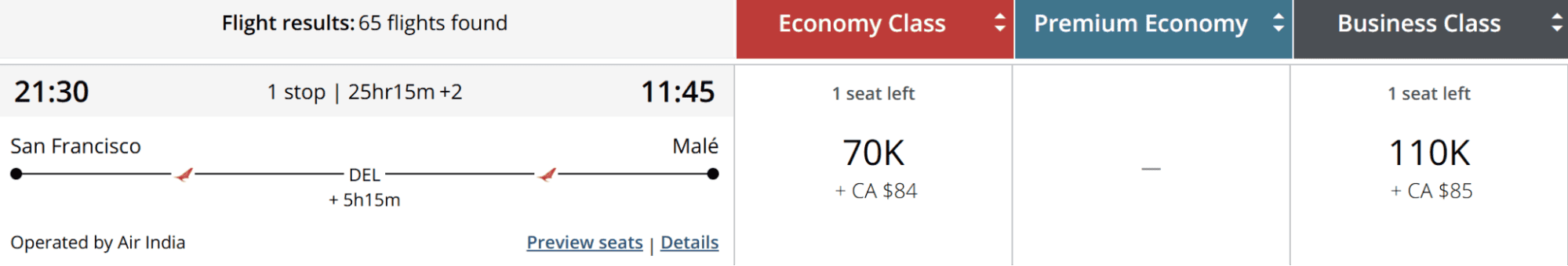 Flight search result showing San Francisco to Malé route via Delhi with economy and business class award pricing on Air India
