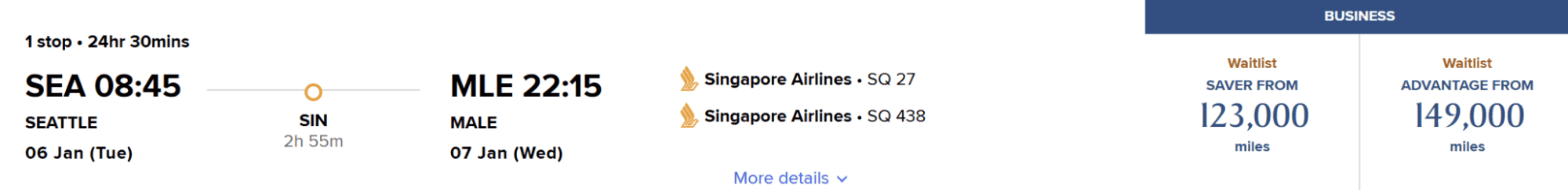 Flight result showing Seattle to Malé route via Singapore on Singapore Airlines with business class saver award waitlist starting at 123,000 miles