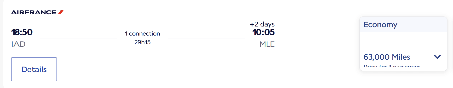 Flight search result showing Washington DC to Malé route with economy class award pricing on Air France
