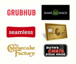 A collage featuring logos for Grubhub, Shake Shack, Seamless, The Cheesecake Factory, Ruth’s Chris Steak House, and an American Express gold credit card—perfect for earning points or miles on your favorite dining experiences.