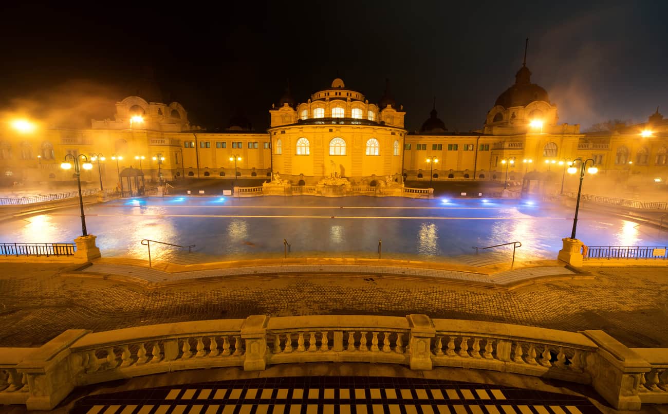Credit Cards to Get to Europe With Miles-credit cards for free flights to Europe-Szechenyi spa bath, Budapest, Hungary. Szechenyi Medicinal Bath is the largest medicinal bath in Europe.