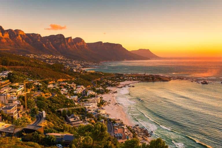 Clifton Beach in Cape Town, South Africa at late afternoon in a beautiful sunset.