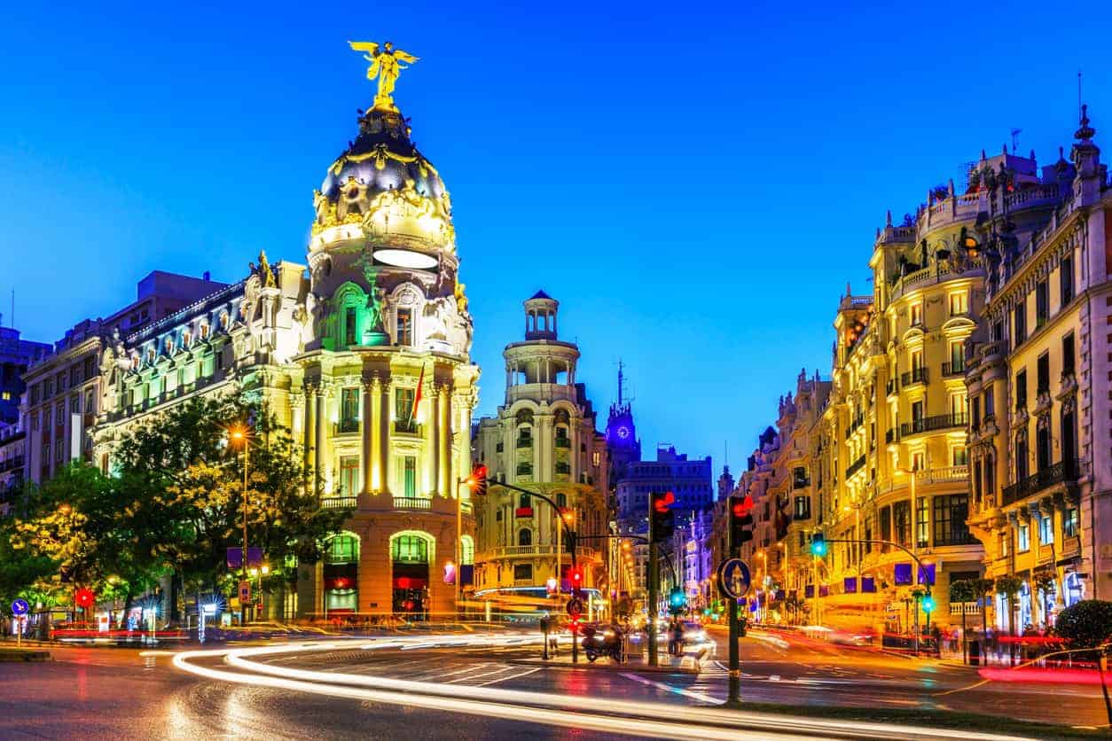 Madrid, Spain. Gran Via, main shopping street at dusk.