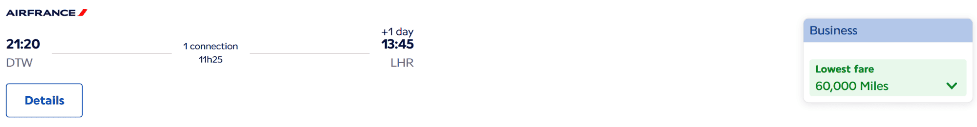 Air France flight from Detroit (DTW) to London (LHR), with the lowest business class fare at 60,000 miles.