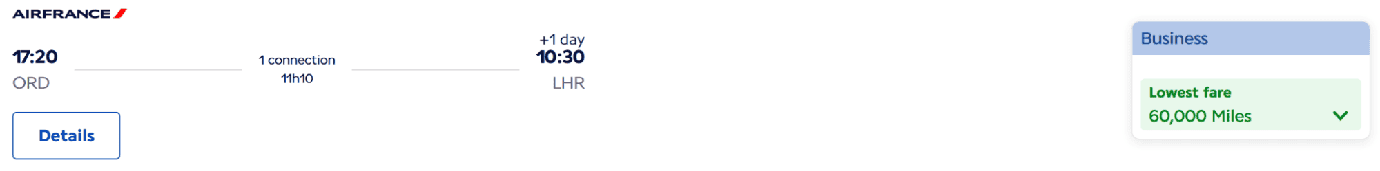 Air France flight from ORD to LHR, showing the lowest business class fare at 60,000 miles.