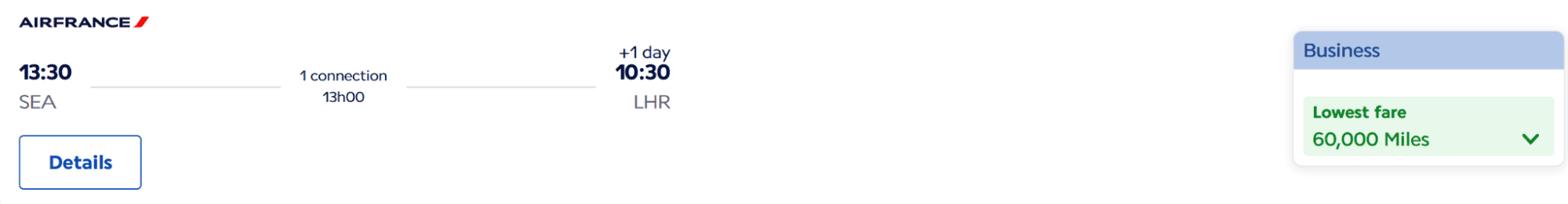 Air France flight from Seattle (SEA) to London (LHR), with the lowest business class fare at 60,000 miles.