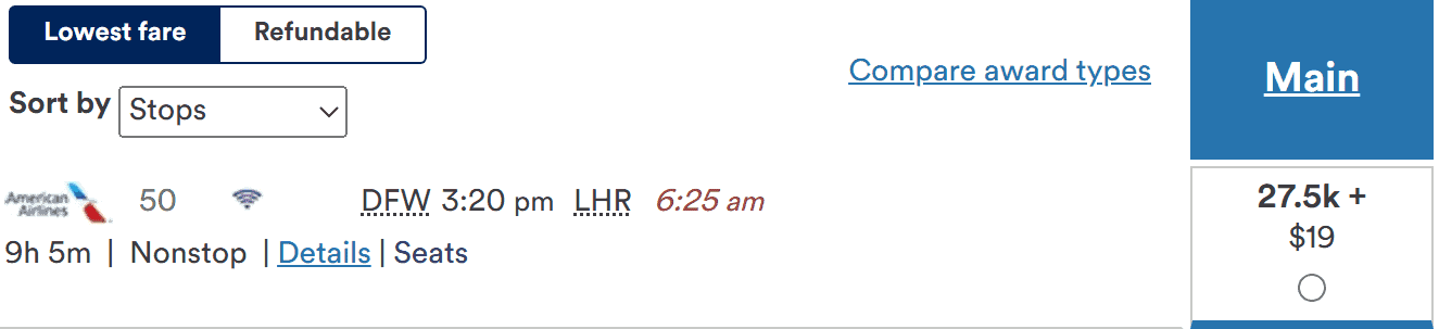 American Airlines nonstop flight from DFW to LHR, showing the Main Cabin fare of 27.5K miles plus $19.