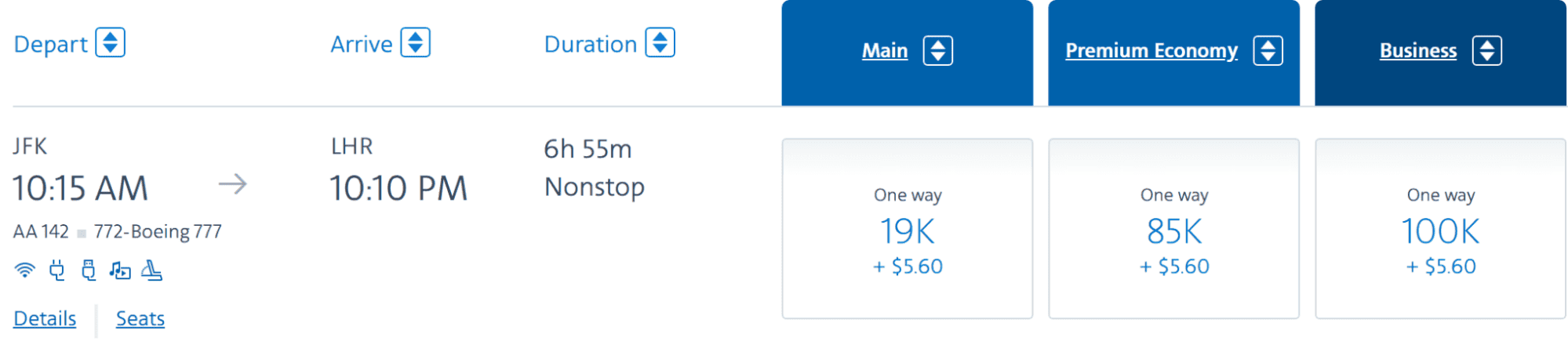 American Airlines flight from JFK to LHR showing one-way prices for Main, Premium Economy, and Business classes.