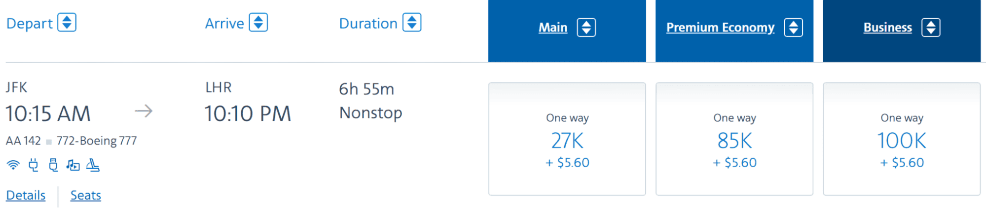 American Airlines flight from JFK to LHR, with one-way fare options for Main, Premium Economy, and Business cabins.