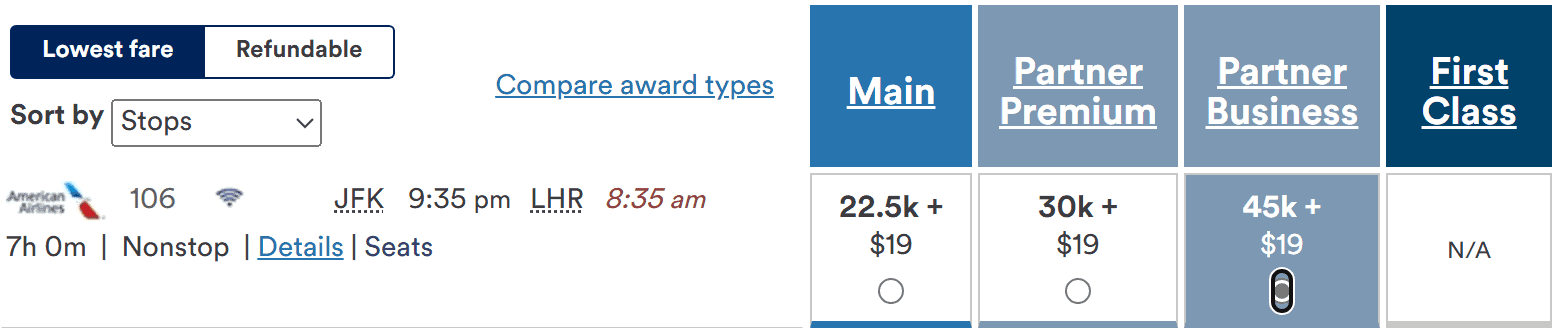 American Airlines fare options for a nonstop flight from JFK to LHR, including Main, Partner Premium, Partner Business, and First Class.