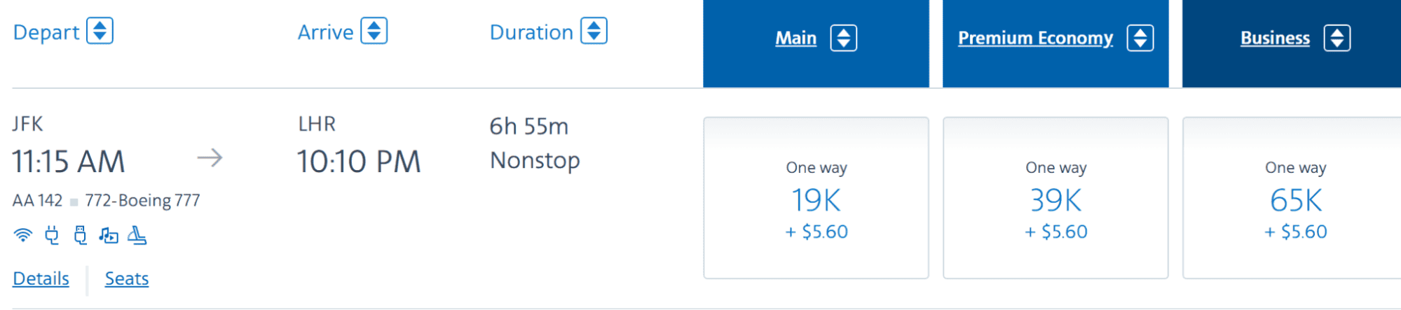 American Airlines one-way flight from JFK to LHR with fare options for Main, Premium Economy, and Business classes.