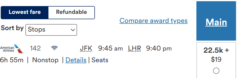 American Airlines lowest fare for a nonstop flight from JFK to LHR, showing a price of 22.5K miles plus $19.