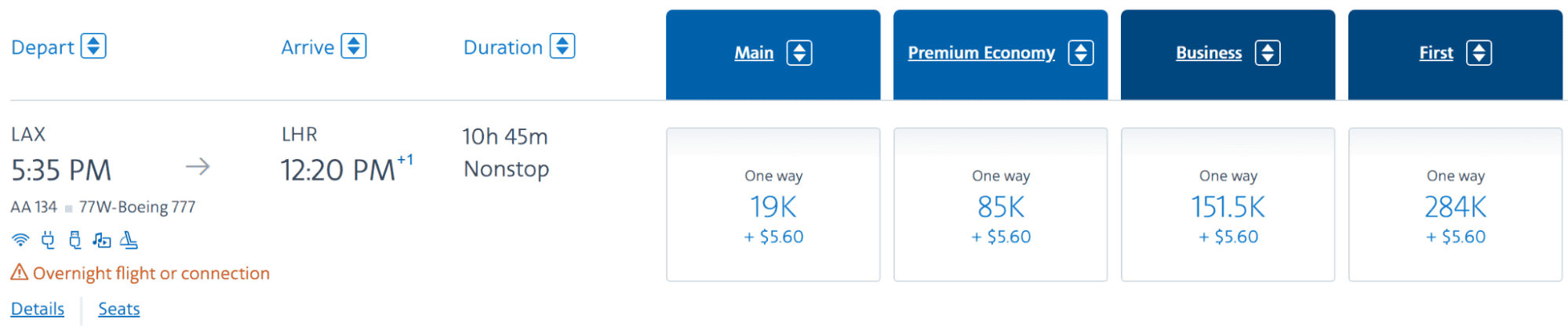 American Airlines one-way flight from LAX to LHR, with pricing for Main, Premium Economy, Business, and First class.