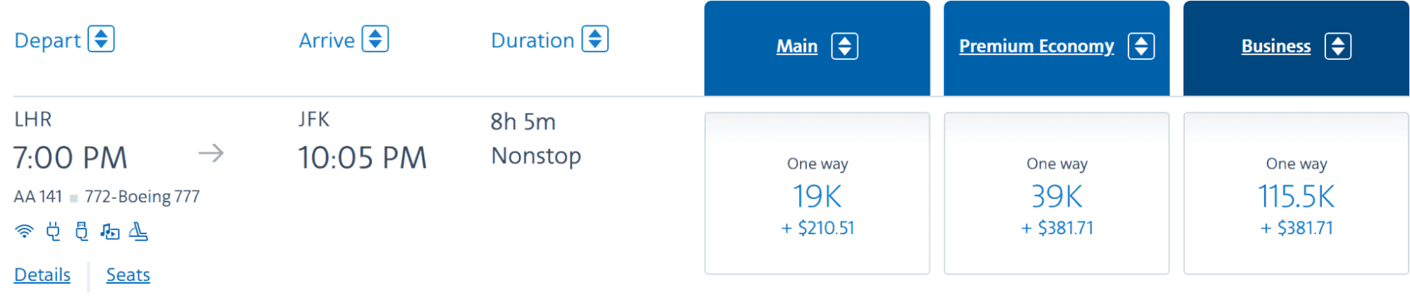 American Airlines one-way fare options from LHR to JFK, including Main, Premium Economy, and Business classes with mileage and dollar costs.