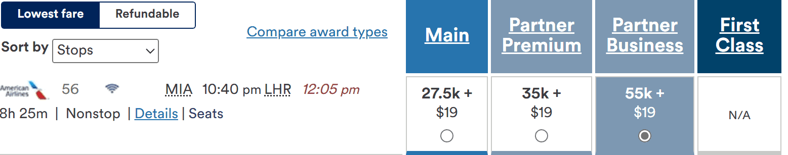American Airlines nonstop flight from MIA to LHR, with fare options for Main, Partner Premium, and Partner Business.