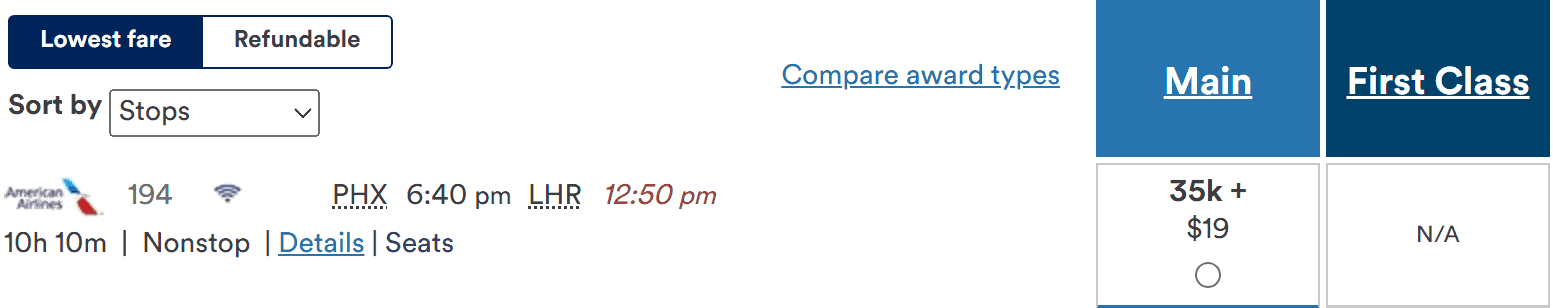 American Airlines nonstop flight from PHX to LHR, showing one-way Main Cabin fare in miles and dollars.