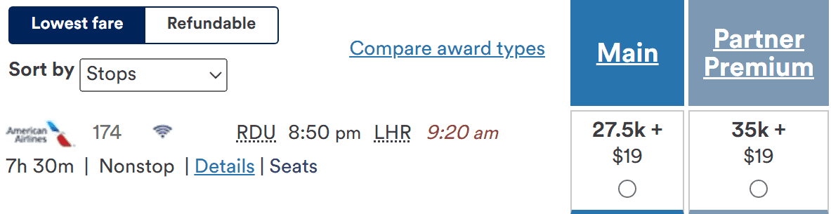 American Airlines nonstop flight from RDU to LHR, showing Main Cabin and Partner Premium fare options.