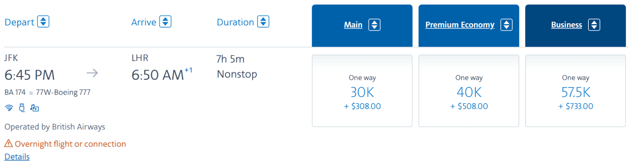 British Airways flight from JFK to LHR, showing one-way fares for Main, Premium Economy, and Business cabins in miles and dollars.
