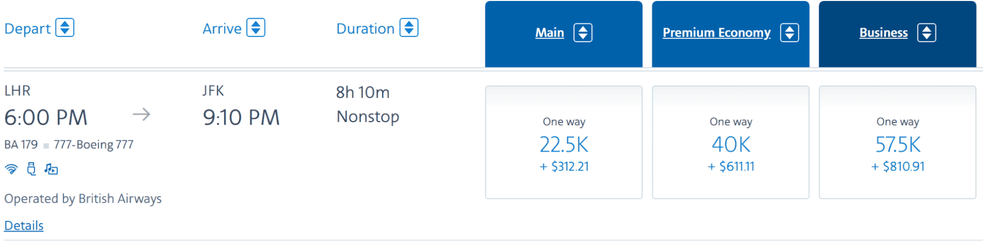 British Airways one-way flight from LHR to JFK, with fare options for Main, Premium Economy, and Business classes.