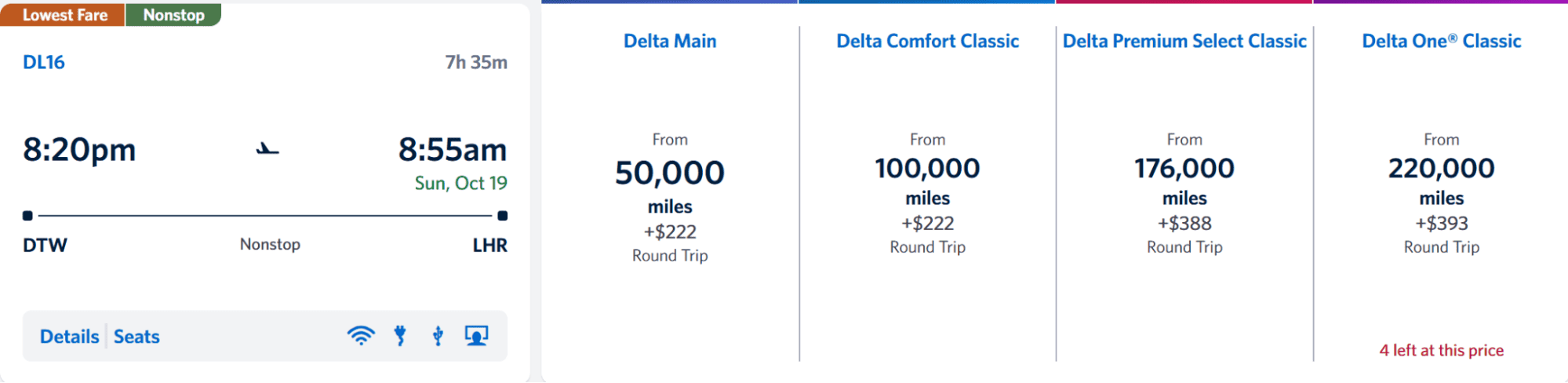 Delta Air Lines roundtrip flight from Detroit (DTW) to London (LHR), with fares for Delta Main, Comfort Classic, Premium Select, and One Classic.