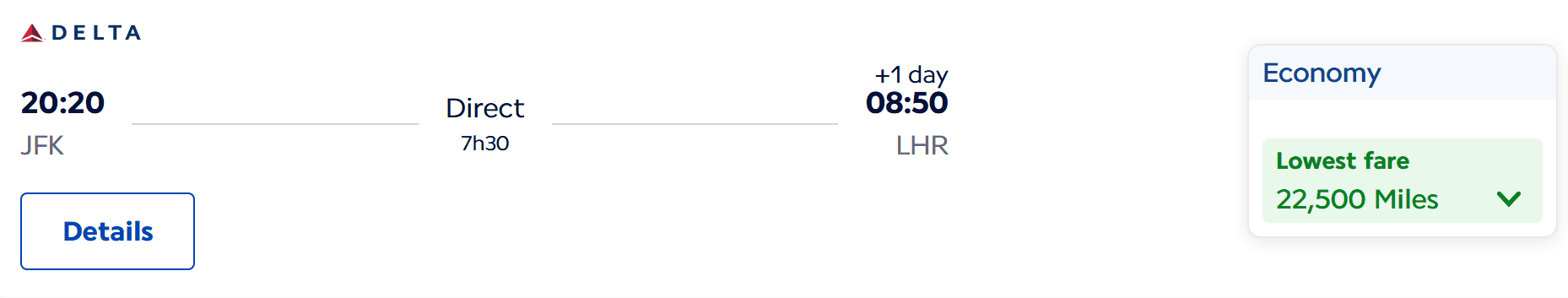 Delta Air Lines direct flight from JFK to LHR, with the lowest economy fare at 22,500 miles.