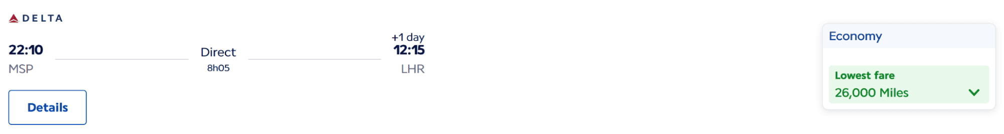 Delta Air Lines direct flight from MSP to LHR, showing the lowest economy fare at 26,000 miles.