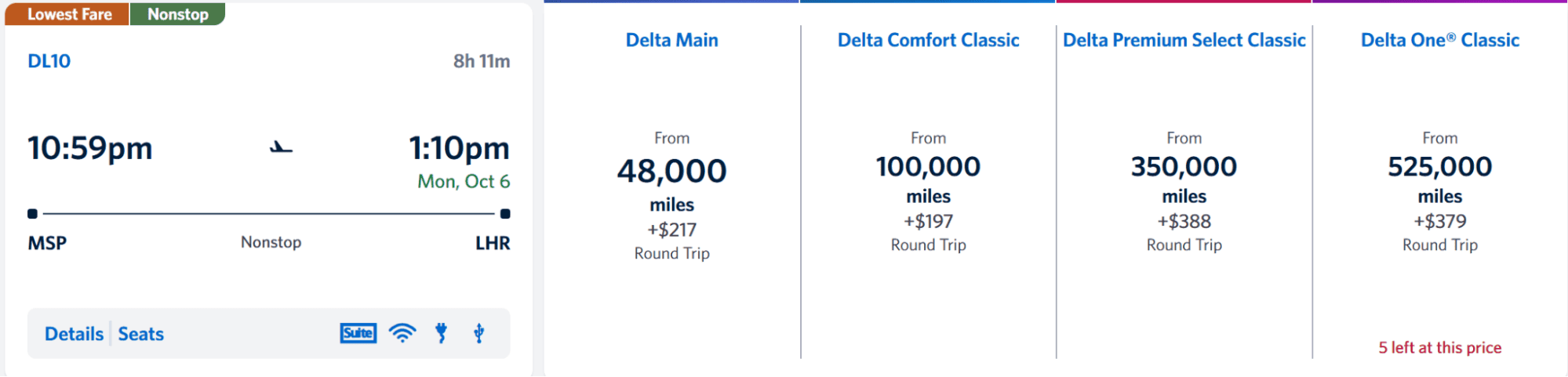 Delta Air Lines roundtrip flight from Minneapolis (MSP) to London (LHR), with fares for Delta Main, Comfort Classic, Premium Select, and One Classic.