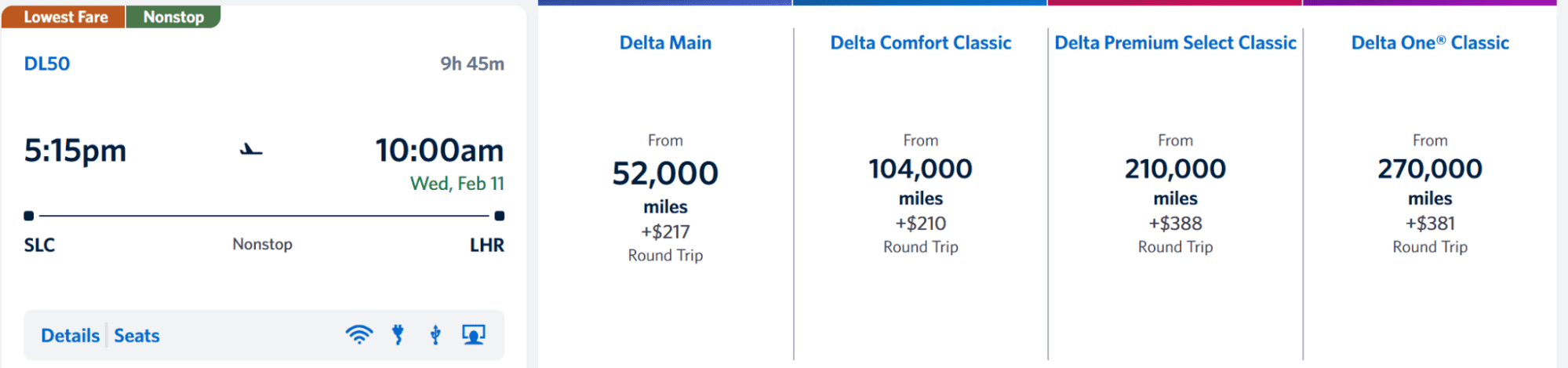 Delta Air Lines round-trip flight from SLC to LHR, with fare options for Delta Main, Comfort Classic, Premium Select, and One Classic.